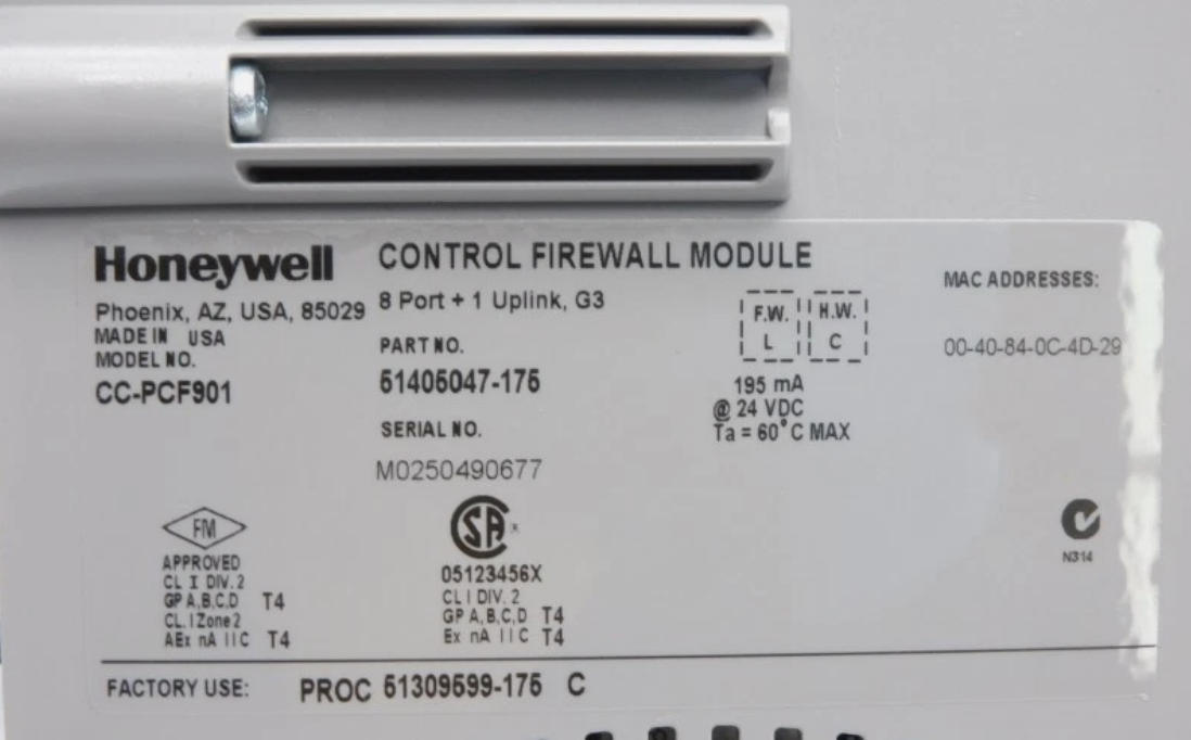 Ağ Güvenliği Koruması ve FTE Ağ Dağıtımı için 24V DC Güç Kaynağına sahip Honeywell CC-PCF901 Kontrol Güvenlik Duvarı Modülü
